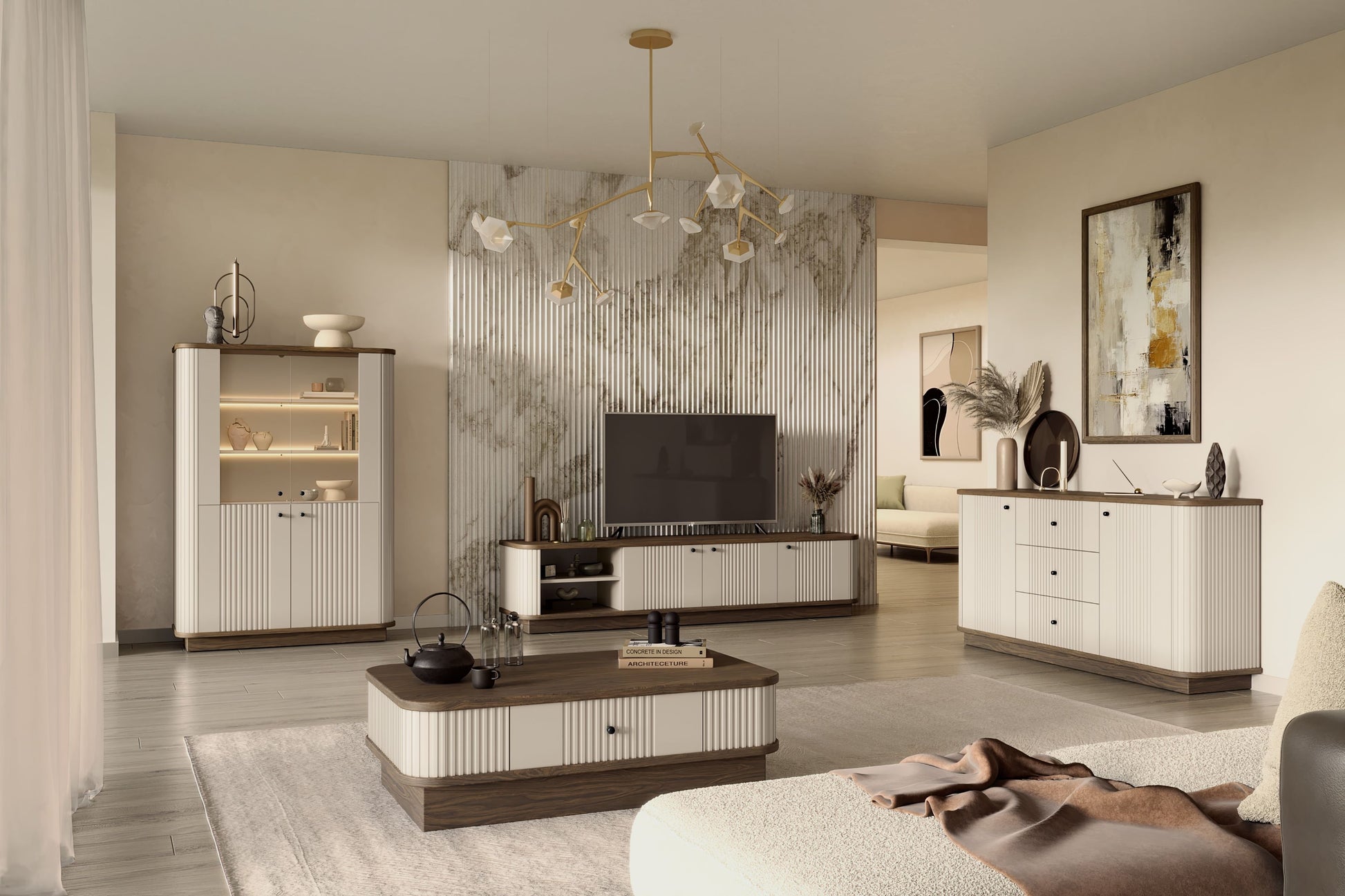 Vitrīnas skapis Vespa 103/148/38 cm kašmirs/rieksts/zelts - N1 Home