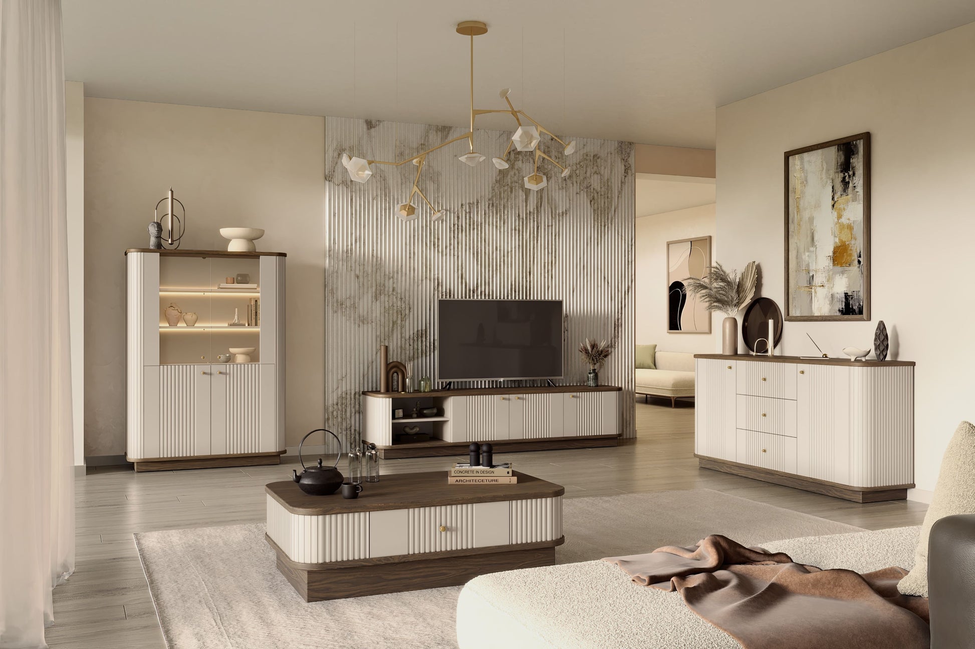 Vitrīnas skapis Vespa 103/148/38 cm kašmirs/rieksts/zelts - N1 Home