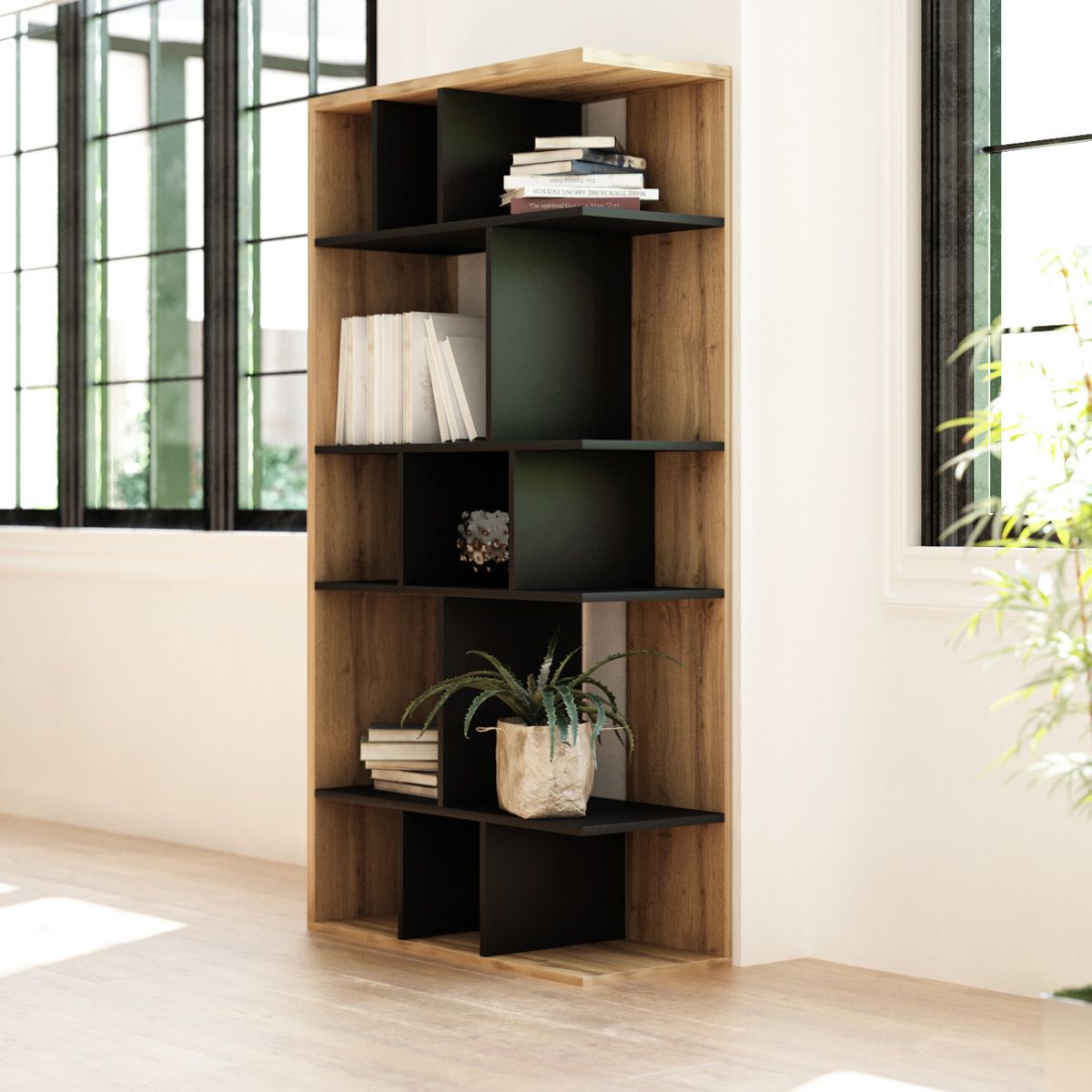 Grāmatu skapis BELLUNO OAK WOTAN/BLACK 80x35x160 cm - N1 Home